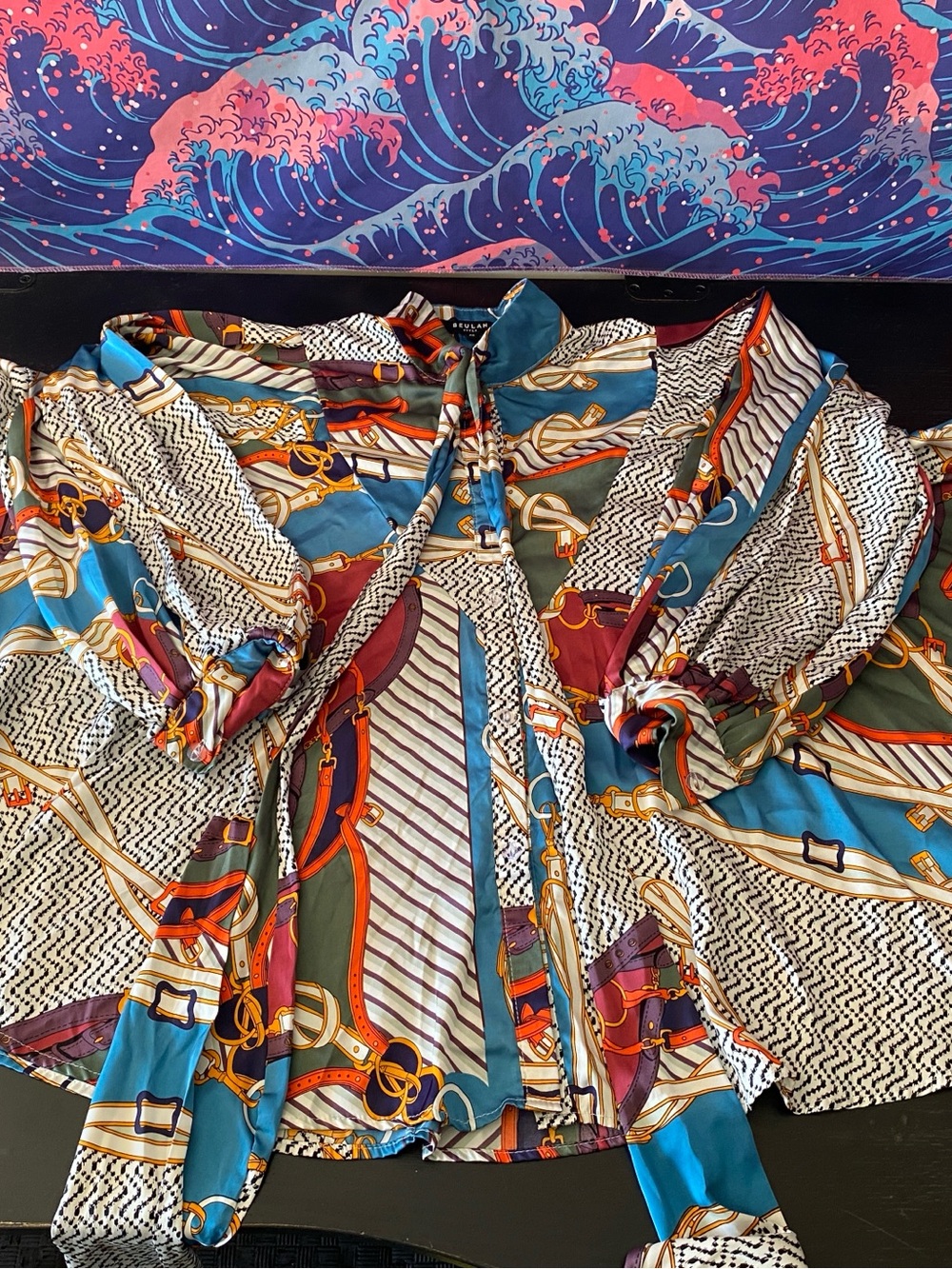 Beulah Multicolor Chain-Print Tie-Front Blouse in Blue, Green, Red, Cream